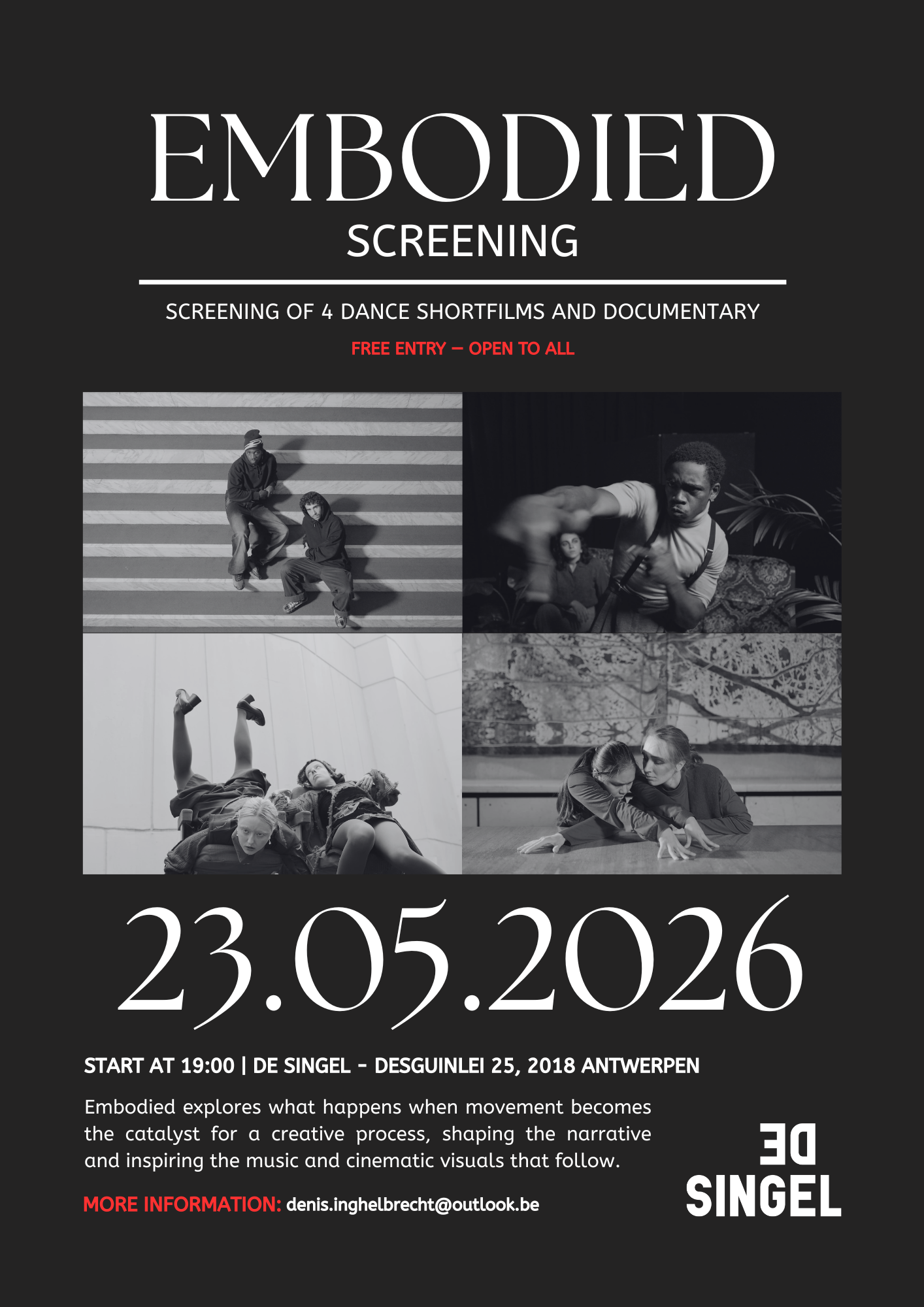 Flyer for the screening of Embodied on May 23rd, 2026 at DeSingel